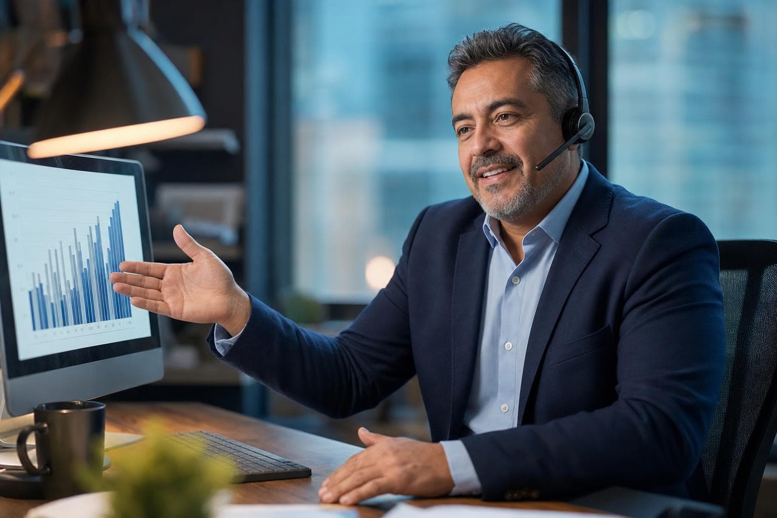 A financial advisor on a video call, gesturing toward a chart on his monitor while talking a client through it