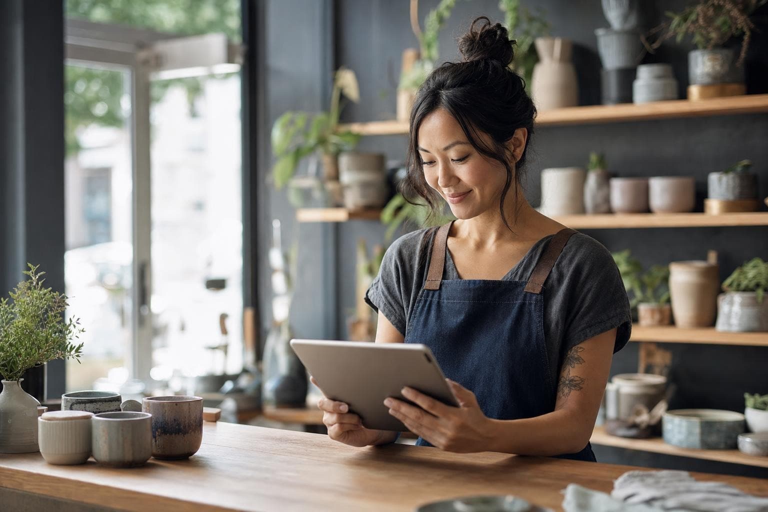 A small-business owner behind her shop counter, checking her monthly numbers on a tablet