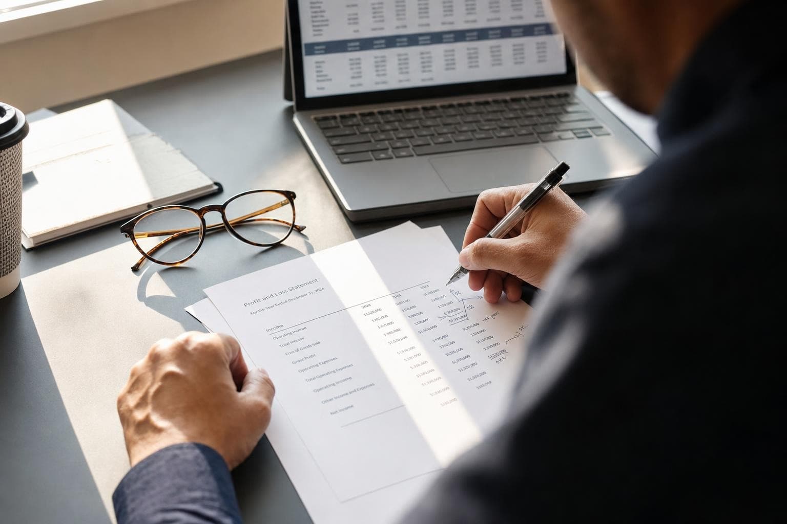 Hands annotating a printed profit-and-loss statement with a pen beside a laptop showing an accounting ledger