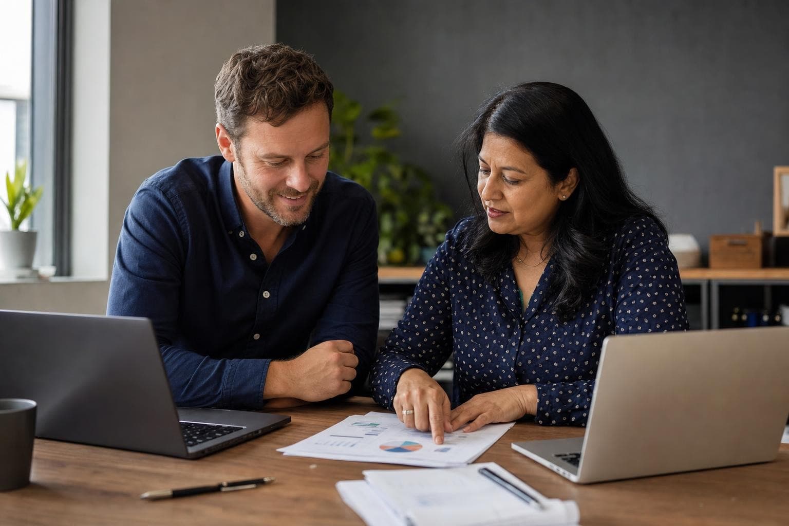 Two colleagues at a worktable reviewing printed financial reports together beside open laptops