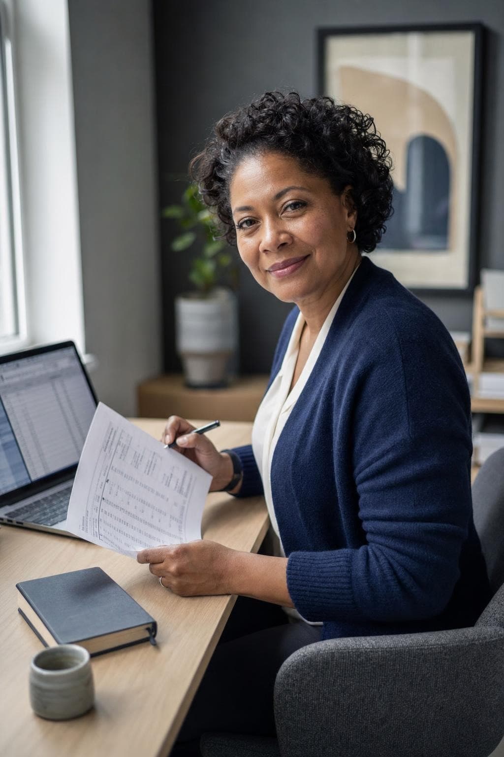 A bookkeeper reviewing a printed financial statement at her desk beside a laptop